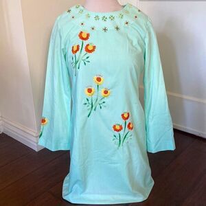 Vintage 60s Floral Embroidered Boho Long Sleeve Mini Dress Festival Cottage Core